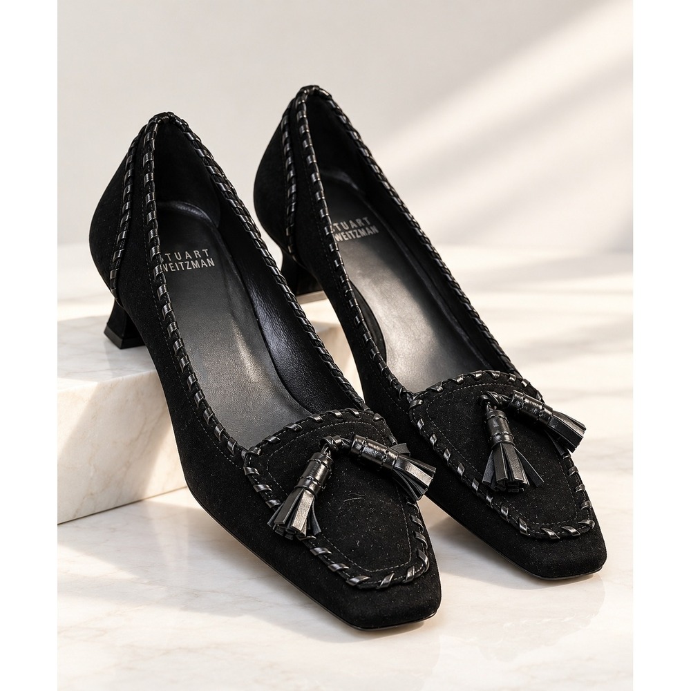 Stuart Weitzman Women's 7.5 M Black Suede Tassel Square Toe Kitten Heel Pumps